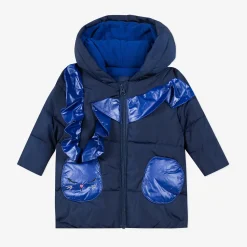 Fashion Baby Girl Navy Blue Puffa Jacket With Ruffles Child Outerwear