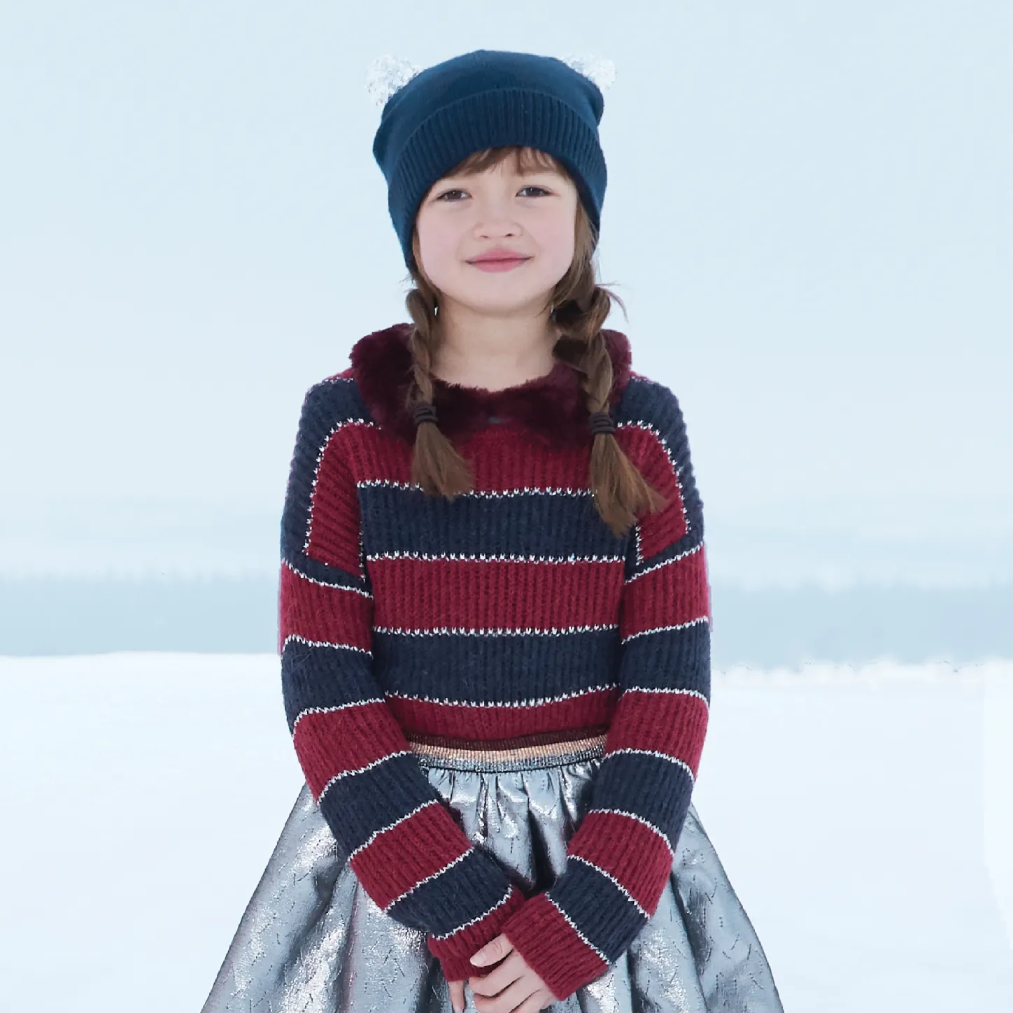 Hot Girls' Striped Sweater With A Detachable Faux Fur Collar Child Cardigans & Sweaters